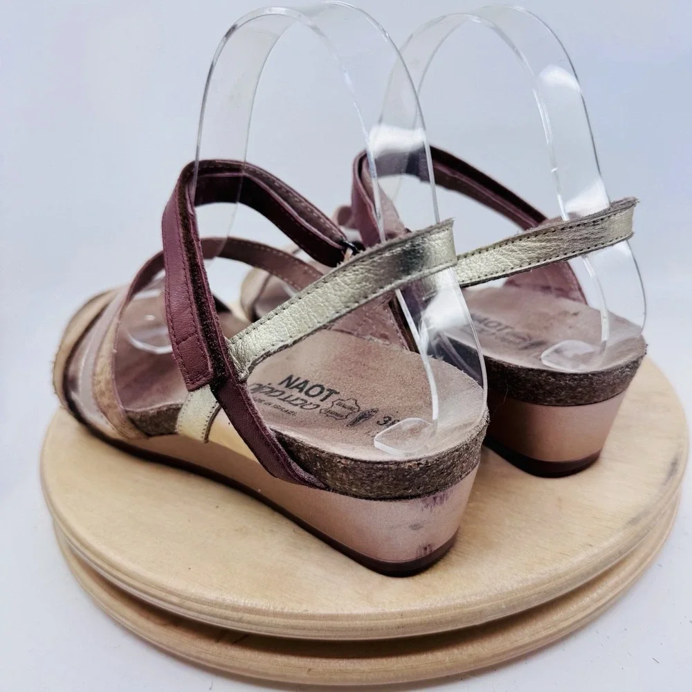 Naot Hero Wedge Sandals Womens EU 38 US 7 Brown Gold Leather Cork Comfort Shoes